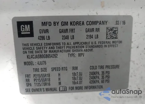 2016 Buick Encore z USA, uszkodzony, nr VIN KL4CJASB0GB654262